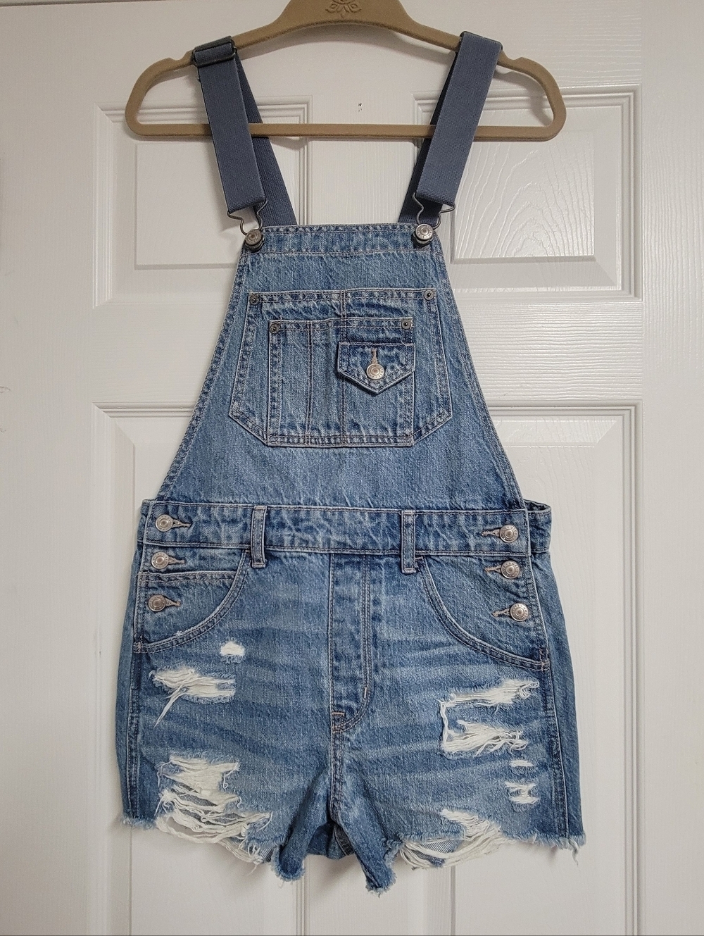 American Eagle Distressed Denim Short Overalls - Light Blue Size XS.